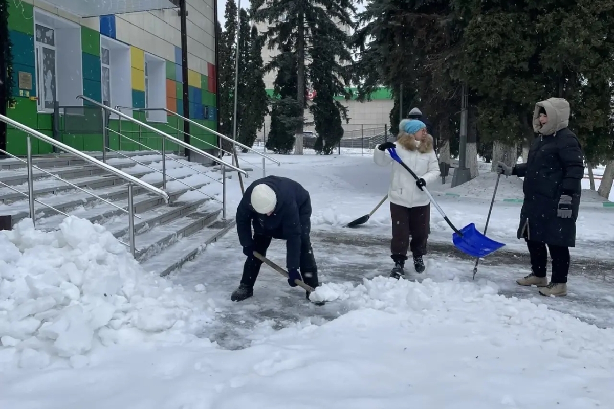 «Снежный субботник»: сотрудники ДДЮТ в Ефремове вышли на уборку снега